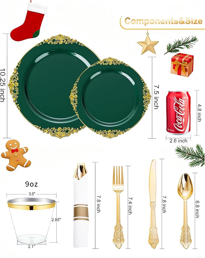 Nervure 175PCS Green Plastic Plates - Disposable Green Gold Party Plates & Pre Rolled Napkins with Cutlery for 25 Guests, 50Plates, 75Silverware, 25Cups, 25Napkin for Wedding & Party