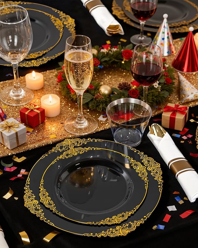 Nervure 175PCS Black Plastic Plates - Disposable Black Gold Party Plates & Pre Rolled Napkins with Cutlery for 25 Guests, 50Plates, 75Silverware, 25Cups, 25Napkin for Wedding & Party & New Year