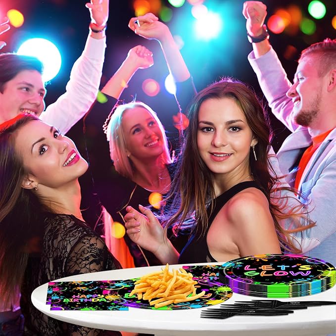 96Pcs Neon Birthday Party Decorations Party Supplies Plates and Napkins Forks for 24 Guests - Disposable Tableware Glow in the Dark Neon for Kids Baby Shower Birthday Decorations