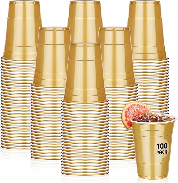 Dualshine 100 Pack 16 oz Gold Plastic Cups, Disposable Plastic Party Cups, Heavy Duty Drinking Water Cup for Wedding Birthday Graduation Valentine's Day Christmas Baby Shower Picnic Barbecues Supplies