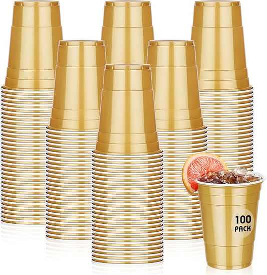 Dualshine 100 Pack 16 oz Gold Plastic Cups, Disposable Plastic Party Cups, Heavy Duty Drinking Water Cup for Wedding Birthday Graduation Valentine's Day Christmas Baby Shower Picnic Barbecues Supplies