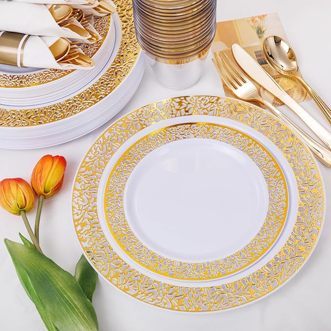 WELLIFE 175Pcs Gold Dinnerware Sets, Include:25 Dinner Plates, 25 Dessert Plates, 25 Paper Napkins, 25 Cups, 25 Plastic Cutlery Set