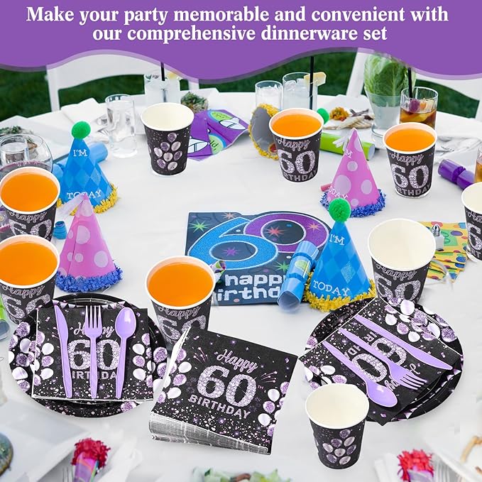 Pickmesh 400 Pcs 60th Birthday Party Supplies Purple Black Happy Birthday Decorations Include Disposable Paper Plates Napkins Cups Cutlery for Men Women Party Decorations Serve 50