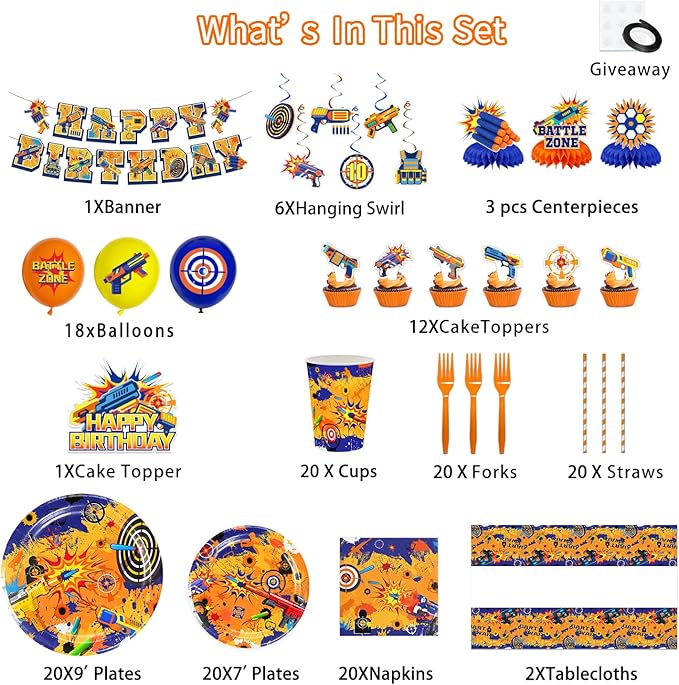 188PCS Dart War Party Supplies Birthday Decorations Dart Battle Disposable Plates Napkins Set, Banner, Hanging Swirls, Tablecloth, Cake Topper, Balloon, Honeycomb Centerpieces Table Decorations