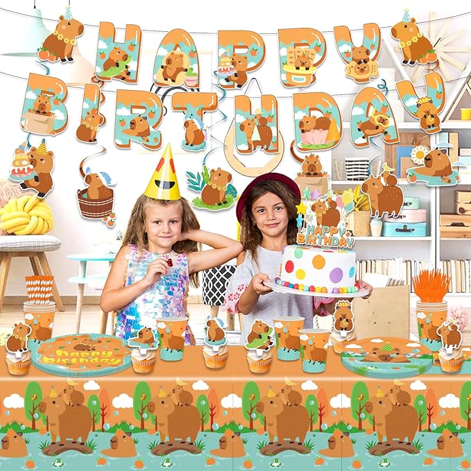 162PCS Capybara Birthday Party Decorations, Capybara Party Supplies Disposable Plates and Napkins Set, Tableware,Banner, Hanging Swirls, Tablecloth, Cake Cupcake Topper, Baby Shower