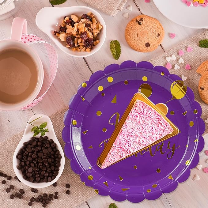 50PCS Purple and Gold Happy Birthday Paper Plates and Napkins Party Decorations- 7 Inch Scalloped Dessert Plates and 6.5 Inch Napkins Disposable Tableware Set Birthday Party Supplies , Serves 25