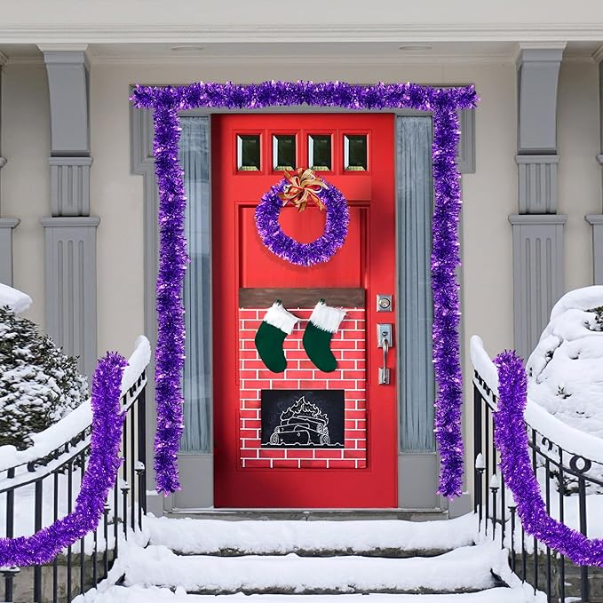 50FT Purple Christmas Tinsel Garland Metallic Twist Xmas Garland for Christmas Tree Decorations Holiday Hanging Garlands for Mantel Staircase Indoor Outdoor Home Office Class Party Holiday Decor