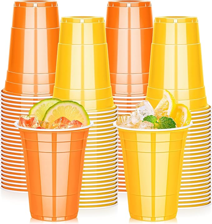 KesaPlan 100 Pcs 16 OZ Plastic Cups for Thanksgiving Party, Disposable Yellow and Orange Drinking Cups, Fall Plastic Cup for Thanksgiving Halloween Wedding Birthday Holiday Party Celebrations
