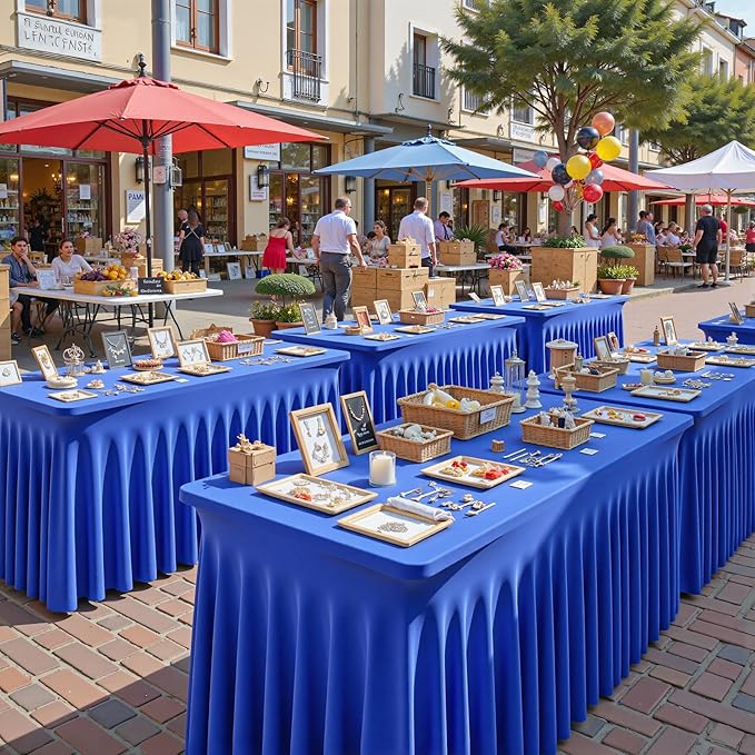 1 Pack Royal Blue Table Clothes for 6 Foot Rectangle Tables, One-Piece Wrinkle Resistant Stretch Spandex Table Covers with Skirt for Event Banquet Wedding Birthday Party