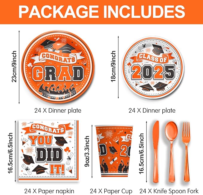 Graduation Decorations Class of 2025 - Orange Graduation Party Supplies 2025 Include Plates, Cups, Napkins, Cutlery, 24 Guests