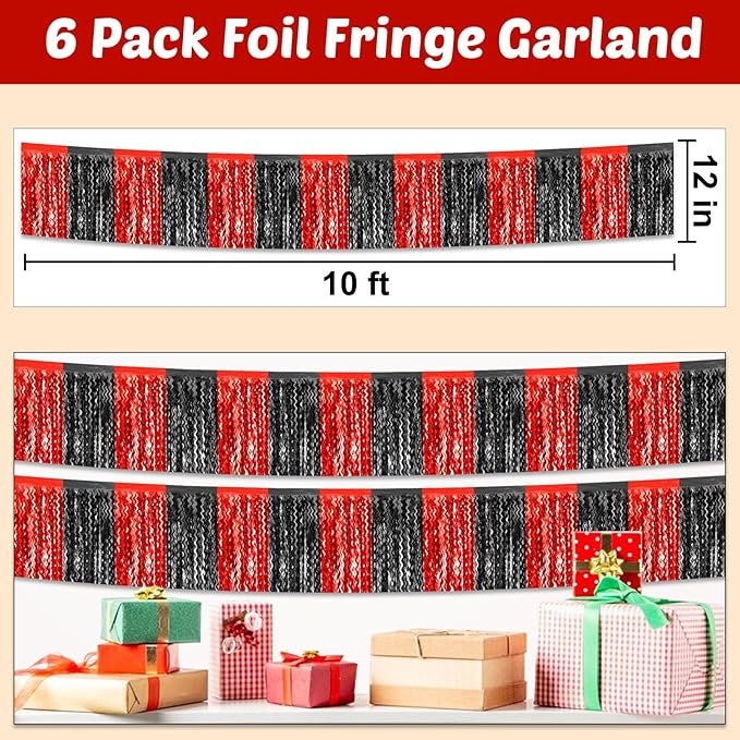 6 Pack 10 Feet Black Red Wave Foil Fringe Garland Metallic Tinsel Streamers Banner Wall Hanging Curtain Backdrop for Parade Floats, Mother's Day, Easter, Wedding, Birthday Party Decoration