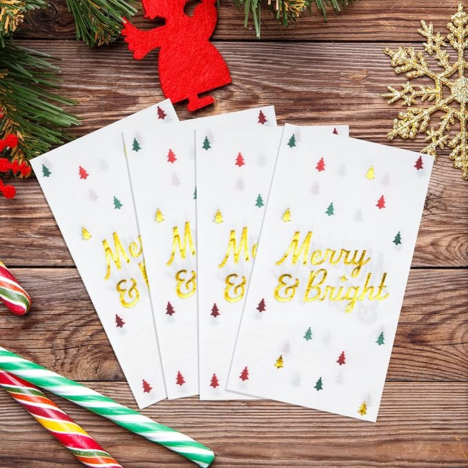 100 Pcs Christmas Tree Paper Napkins Disposable, Merry Bright Red Green Gold Foil Cocktail Napkins, Xmas Holiday Party Guest Dinner Napkin Hand Towels for Christmas Winter Party Supplies, 4.3x7.9 Inch