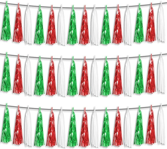 3P Red Green White Foil Fringe Metallic Tassel Streamers Banner Tassel Garland for Parade Floats, Graduation, Wedding, Birthday, Halloween, Christmas, Mexican Italian Birthday Party Decorations