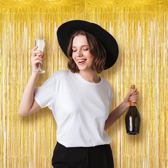 2 Pack Laser Gold Tinsel Foil Fringe Curtains, Gold Party Decorations, Metallic Tinsel Party Streamers Backdrop for Birthday Baby Shower Graduation Wedding New Years Party Decorations