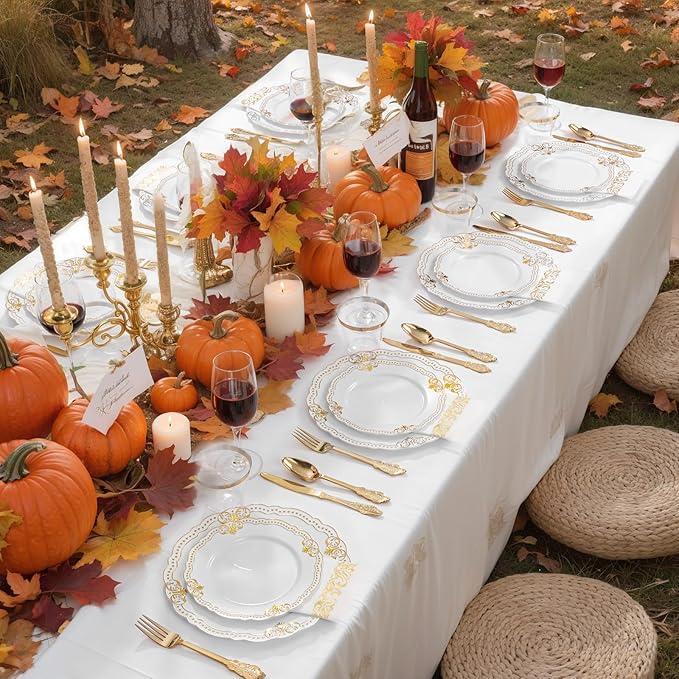 Ciaell 175 PCS White and Gold Plastic Plates - Fancy Gold Disposable Dinnerware Set with of 50 Plastic Plates, 25 Knives, 25 Forks, 25 Spoons, 25 Cups, 25 Napkins for Wedding, Party &Thanksgiving