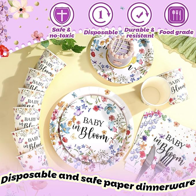 Hsei 250 Pcs Baby in Bloom Baby Shower Decorations Wildflower Plates and Napkins Set Spring Floral Party Tableware Set for 50 Guests Floral Disposable Plates Napkins Cups for Birthday Party Supplies