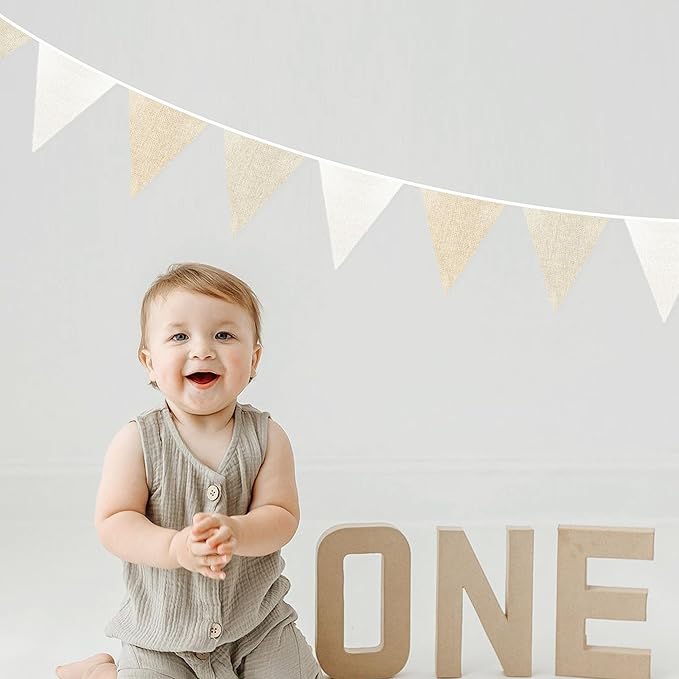 46Ft Burlap Party Decorations White Beige Burlap Banner Triangle Pennant Flag Linen Bunting Garland Streamers for Vintage Birthday Wedding Rustic Baby Shower Engagement Easter Party Decorations