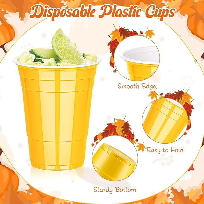 KesaPlan 100 Pcs 16 OZ Plastic Cups for Thanksgiving Party, Disposable Yellow and Orange Drinking Cups, Fall Plastic Cup for Thanksgiving Halloween Wedding Birthday Holiday Party Celebrations