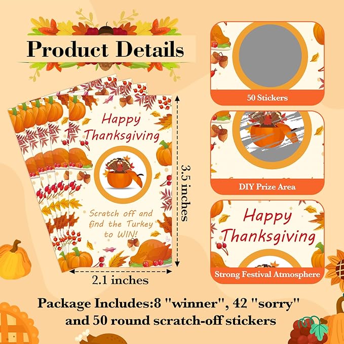 Thanksgiving Scratch Off Cards, 50pcs Autumn Party Scratch Off Tickets, Fall Harvest Game Cards for Adults Family Groups Supplies Classroom Activities - B03