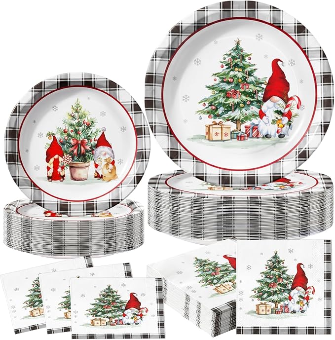 150Pcs Christmas Paper Plates and Napkins Heavy Duty Dinnerware Set Serve 50, Buffalo Plaid Christmas Tree Dinner Plates Disposable Party set, Dwarf Tableware for Holiday Xmas Home Party Supplies