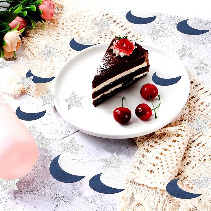 Navy-Blue Moon Silver Star Confetti - 300pcs Glitter twinkle little star Table Confetti,Ramadan Mubarak Decor Birthday Wedding Baby Shower Party Decorations Lasting Surprise