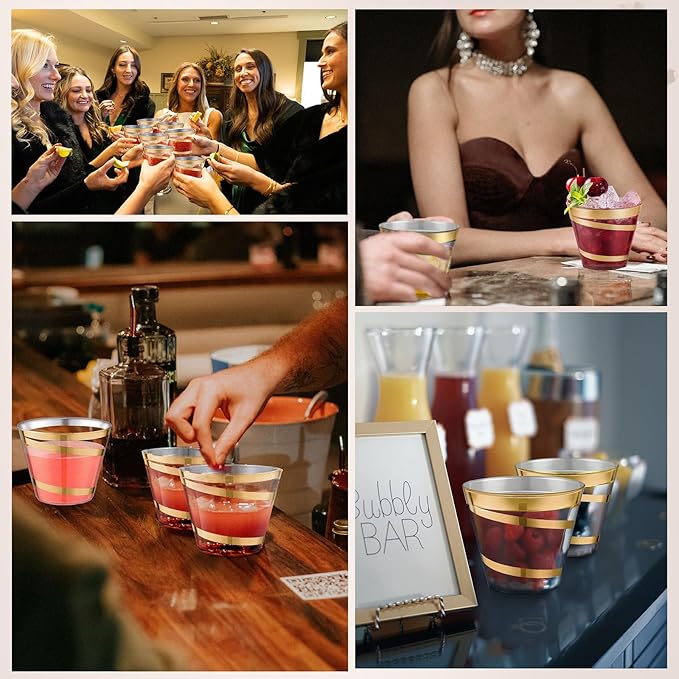 Gejoy 9 oz Rimmed Swirl Plastic Cups Disposable Wine Drinking Cups Clear Elegant Halloween Tumblers for Christmas Party Supplies(Gold,24 Pcs)