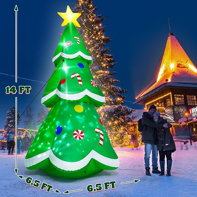 14FT Christmas Inflatable Decorations, Giant Blow Up Xmas Tree, Lighted Up Christmas Tree Inflatables with Rotating Snowflake Lamp, Colorful Yard Decoration for Xmas Holiday Lawn Party