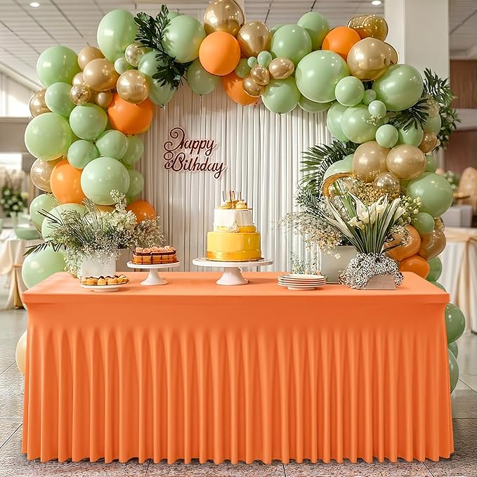 1 Pack Orange Table Clothes for 8 Foot Rectangle Tables, One-Piece Wrinkle Resistant Stretch Spandex Table Covers with Skirt for Event Banquet Wedding Birthday Party
