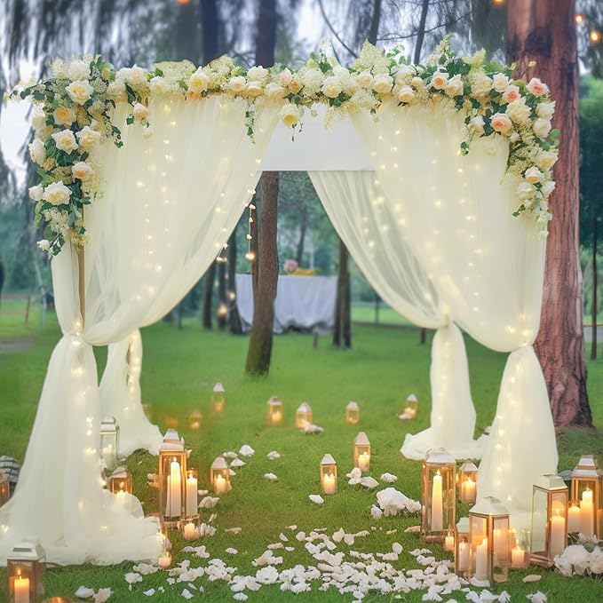 10ft x 8ft Ivory Backdrop Curtain with Lights String for Parties, Sheer Tulle Wedding Photo Backdrops Drapes for Baby Shower Birthday Party Decorations Background for Photography