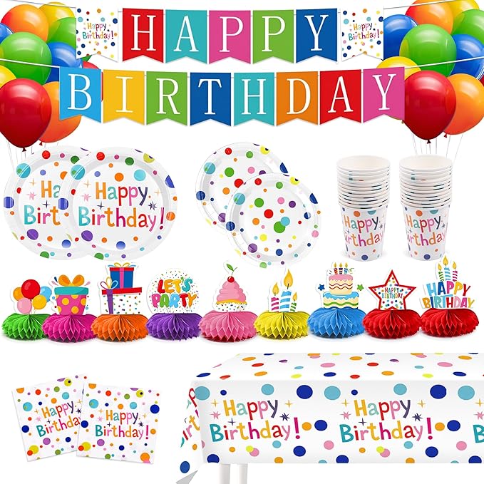 127Pcs Happy Birthday Party Supplies Decorations Set - Dot Design Disposable Tableware Kit with Plates, Napkins, Cups, Tablecloth, Banner, Balloons & Honeycomb Centerpieces for Boys Girls, Serves 24
