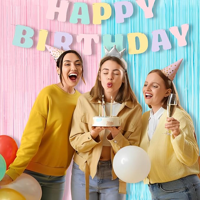 BRAVESHINE Tinsel Photo Backdrop Curtains - 2 Pack 3.2x8.2ft Pastel Pink Blue Foil Fringe Streamer Curtain for Christmas/Boy or Girl Birthdays/Mermaid/Candy/Donuts/Easter/Engagement Party Decorations