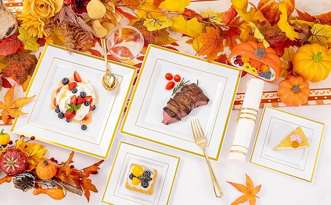 Festiva 350Pcs Gold Plastic Plates - Disposable Square Gold Plates Dinnerware set include 9.5"/6" Plates,Cups,Plastic Cutlery,Hand Napkins Perfect for 50 guests Party&Wedding&Thanksgiving&Christmas