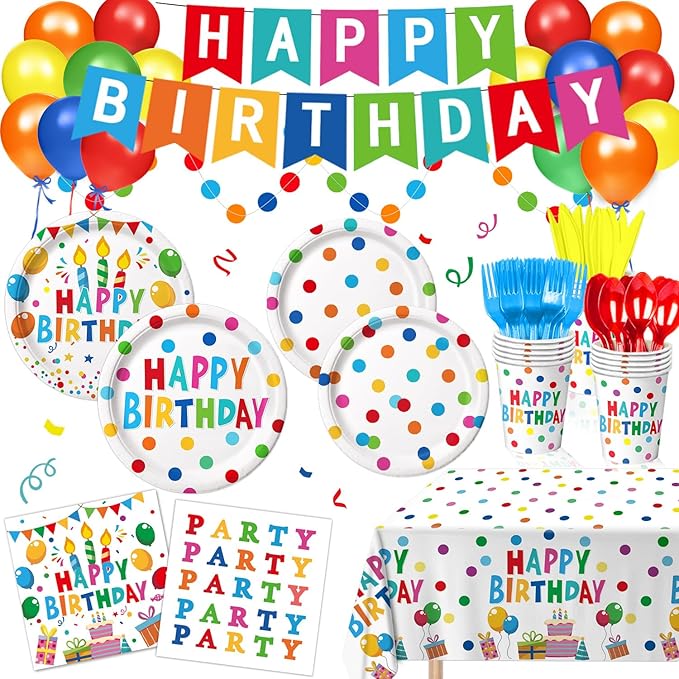 Happy Birthday Decorations - Colorful Dots Birthday Party Supplies Includes Plates, Napkins, Cups, Cutlery, Banner, Hanging Swirl, Tablecloth, Balloons for Kids Boys Girls, Serves 24