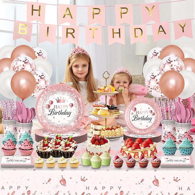 212Pcs Pink Rose Gold Plates Napkins Birthday Party Supplies Disposable Birthday Dinnerware Set,Girls Birthdays Party Plates Pink Sets With Banners Cups Forks knives Spoons Tablecloth Balloon Serve 24