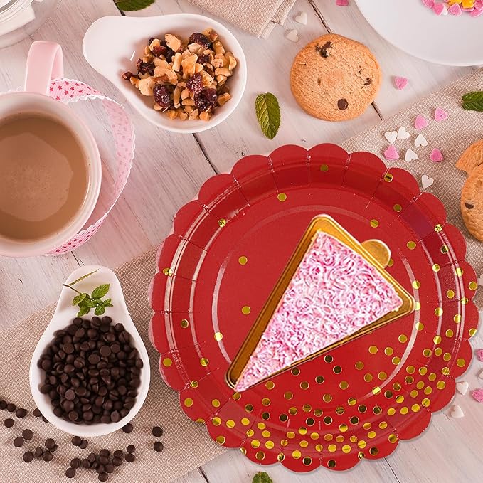 50PCS Red Paper Plates and Napkins Set - Red and Gold Dot Disposable Party Plates Dinnerware Party Supplies Decorations for Birthdays, Christmas, Engagement and Weddings