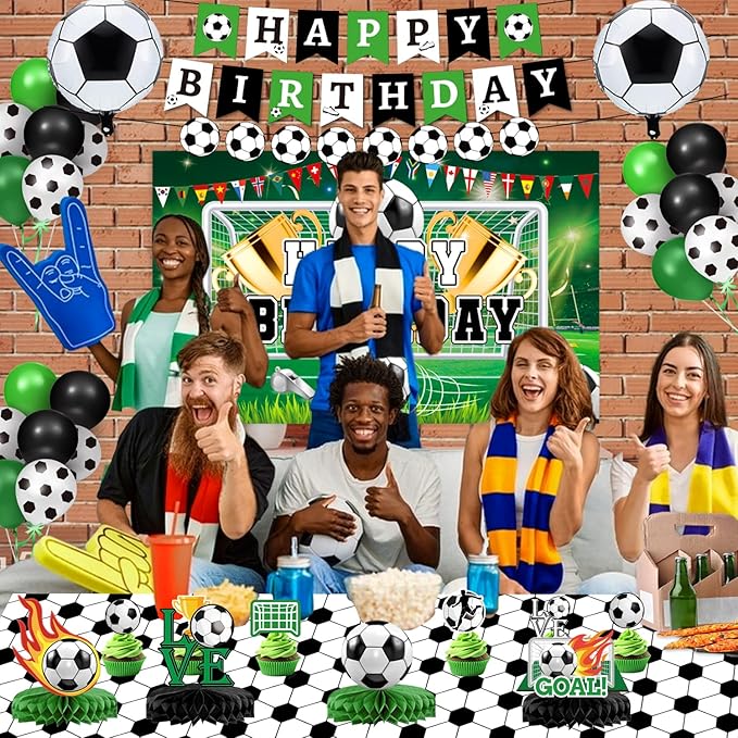 Soccer Birthday Party Decorations Includes Banner, Backdrop, Foil & Latex Balloons, Cake & Cupcake Toppers, Honeycomb Centerpieces for Boy Soccer Themed Party Decorations