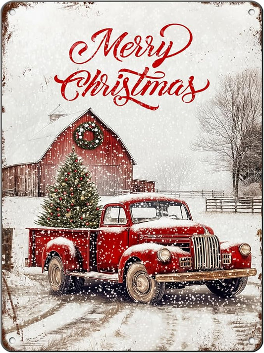 Vintage Christmas Red Truck Tin Sign Merry Christmas Truck Christmas Tree Metal Tin Sign Winter Rustic House Yard Xmas Pickup Holiday Wall Decorations Tin Sign 12x16Inch