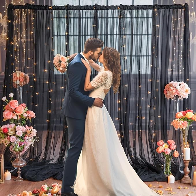 10ft x 10ft Black Backdrop Curtain with Lights String for Parties, Sheer Tulle Wedding Photo Backdrops Drapes for Baby Shower Birthday Party Decorations Background for Photography