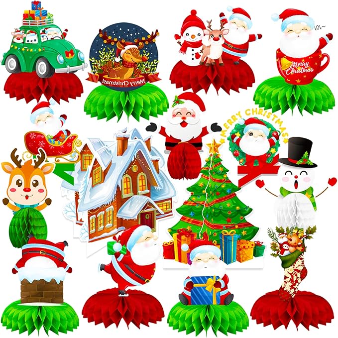 15PCS Christmas Party Honeycomb Centerpieces, Christmas Party Table Decoration With Santa Claus, Christmas Tree, Snowman for Holiday XMAS Supplies Christmas Party Supplies