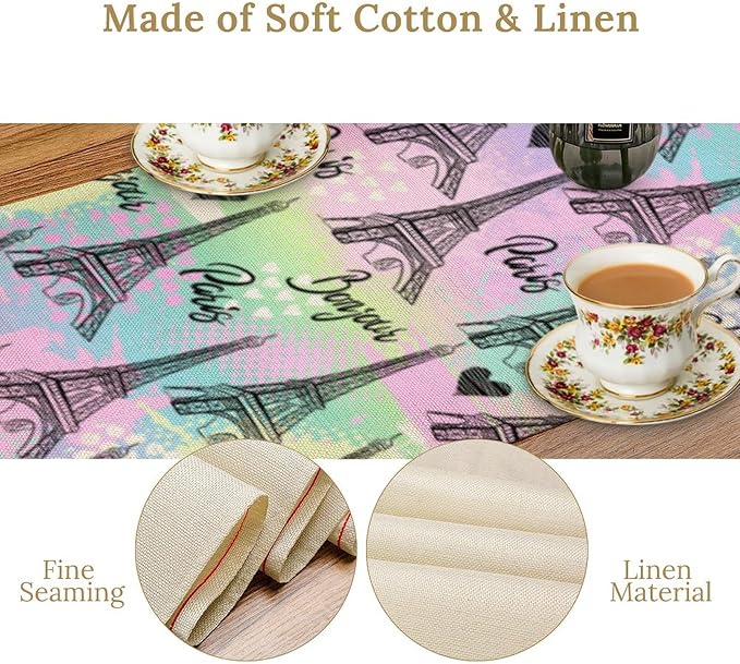 Paris Eiffel Tower Table Runner, Modern Eiffel Tower Dinner Runner for Farmhouse Kitchen Dining Table Holiday Party Decoration 13 x 108 Inch