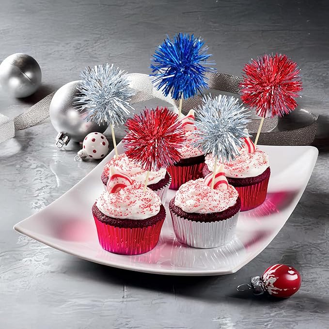 Ephlyn 30Pcs Foil Firework Cupcake Toppers Sparkle Tinsel Cupcake Picks Happy Birthday Cake Toppers Drink Cocktail Food Fruit Toothpicks for Baby Shower Birthday Party Supplies Red Silver Dark Blue