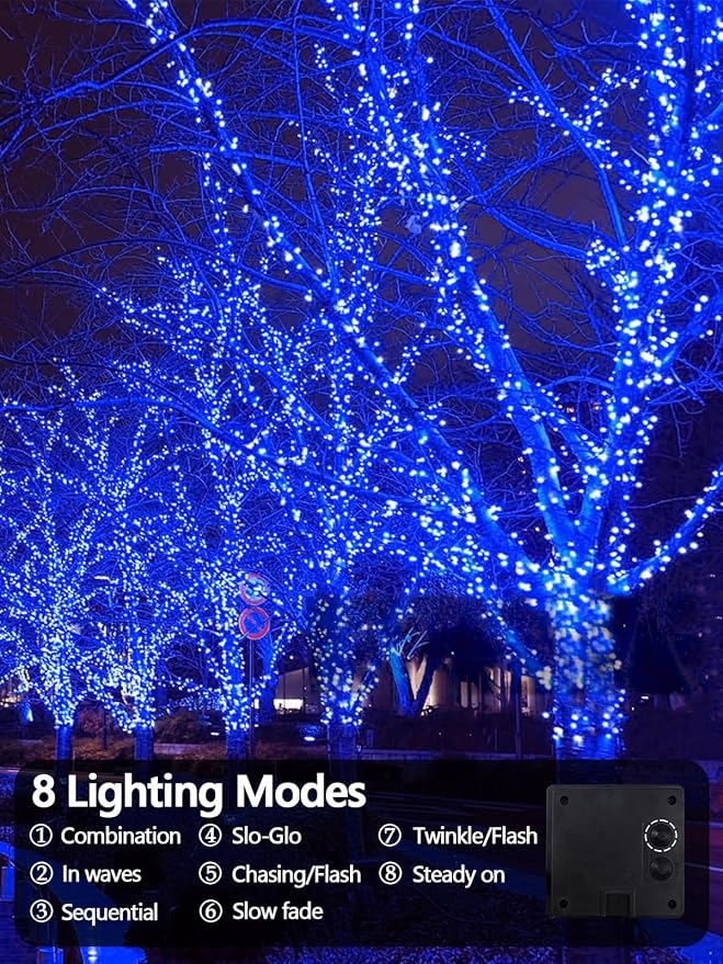 2 Pack 200 LED Solar String Lights Outdoor, Solar Christmas Lights with 8 Lighting Modes, Waterproof Green Wire Solar Tree Lights for Outside Xmas Wedding Party Garden Patio Yard Decorations (Blue)
