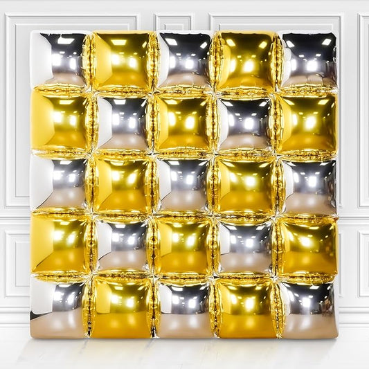 Foil Balloons Wall Silver Gold - Shimmer Square Mylar Balloons Wall Backdrop for Birthday Baby Shower Wedding Bridal Shower Silver Gold Party Balloon Backdrop