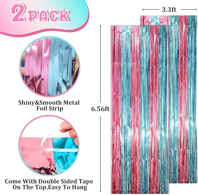 2 Pack Blue and Pink Foil Fringe Backdrop Curtains, Tinsel Streamers Mermaid Party Decorations, Fringe Backdrop for Mermaid Birthday, Baby Shower, Gender Reveal, Disco, Graduation Party