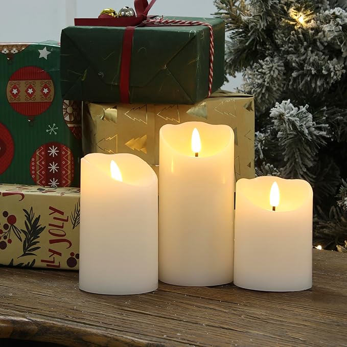 Flameless Candles with Remote, Battery Operated Wax LED Flickering Candles - Set of 3 (White) with Timer for Home Decor, Perfect for Christmas Party White