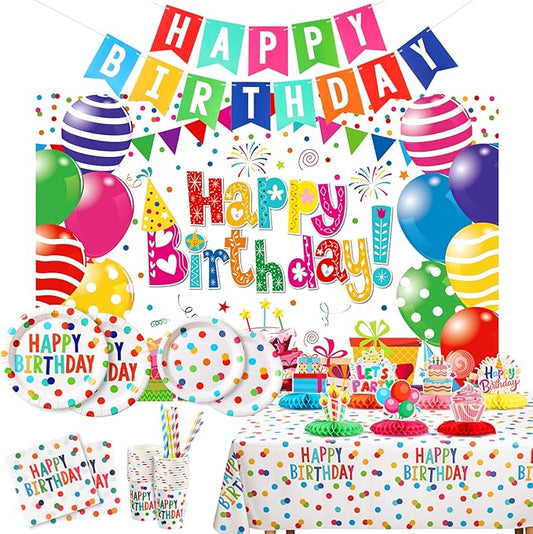 Happy Birthday Decorations- 170pcs Birthday Party Supplies Kit with Colorful Honeycomb Centerpieces for Tables, Banner, Backdrop Cloth, Disposable Tableware Kit for Boys Girls, Serves 20