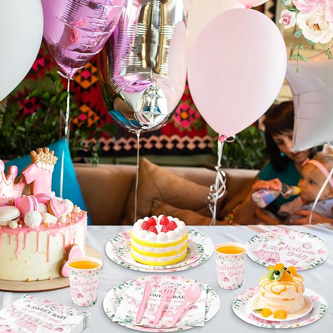 Pickmesh 400 Pcs Floral Baby Shower Party Decoration Include A Sweet Baby ls on Her Way Disposable Plates It's a Girl Napkins Cup Cutlery Pink Floral Sweet Girl Tableware Set Party Supplies Serve 50