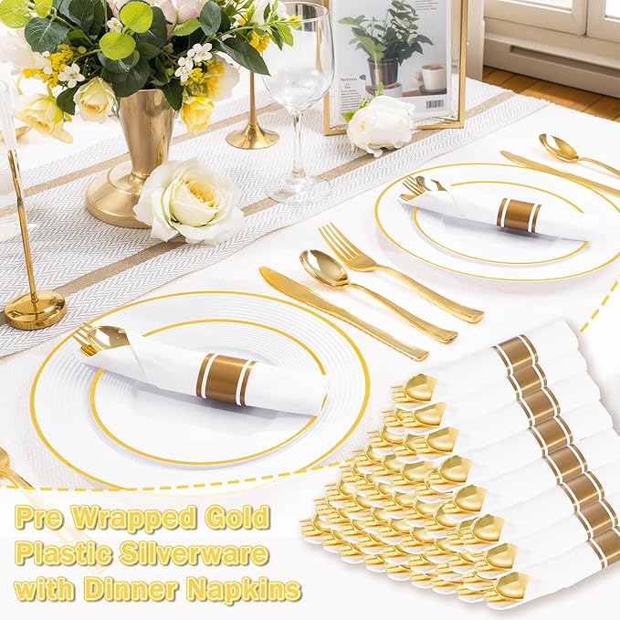 Liacere 100Pack Pre Rolled Gold Silverware and Napkin-Disposable Gold Plastic Utensils-Wrapped Plastic Cutlery Set with Napkin:100 Forks,100 Knives,100 Spoons,100 Napkins for Christmas＆New Year