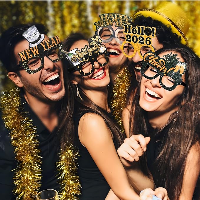 Mega-L 12 Pcs Happy New Year Eyeglasses, 2026 New Year Glasses, New Year Party Supplies Favors, Black Gold Silver Glitter New Year Photo Booth Props for Eve Party Celebration Decorations 2026