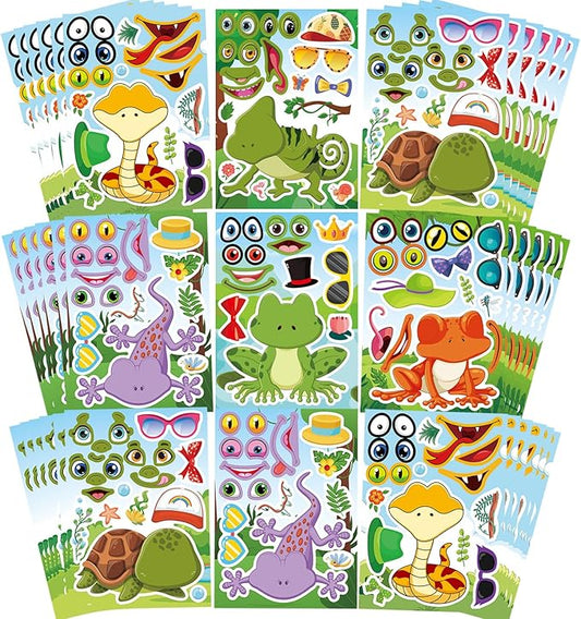 36 PCS Make a face Sticker for Kids Toddlers, Make Your Own Reptile Animal Mix and Match Sticker with Snakes, Lizards, Frogs, Turtles, Kids Party Favor Craft Supplies